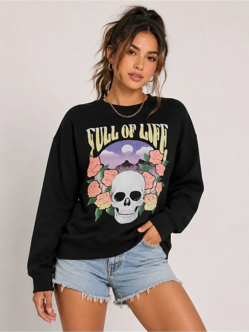 Wound Up Full of Life “skull” Graphic Fleece Sweatshirt